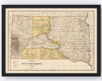 South Dakota Map 1901 - Old Map of South Dakota Art Vintage Print Framed Wall Art Canvas Portrait SD History Genealogy Farmhouse Décor
