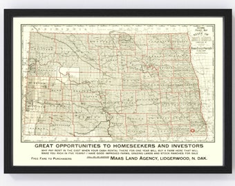 North Dakota Map 1902, Vintage North Dakota Map, Old North Dakota Art, Wall Art Gift for North Dakota History Lovers Retro Decor