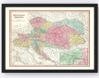 Austria Map 1836, Vintage Austria Map, Old Austria Art, Wall Art Gift for Austria History Lovers Retro Decor