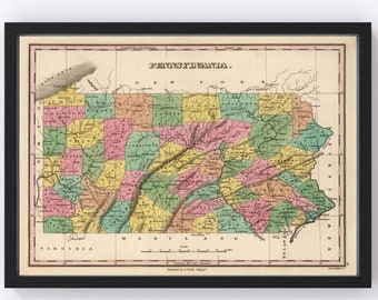 Pennsylvania Map 1824 - Old Map of Pennsylvania Art Vintage Print Framed Wall Art Canvas Portrait PA History Genealogy Farmhouse Décor