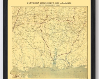 May include: An antique map of Southern Mississippi and Alabama, showing the approaches to Mobile. The map is printed on yellowed paper with brown and red lines indicating roads and rivers. The map is framed in black.