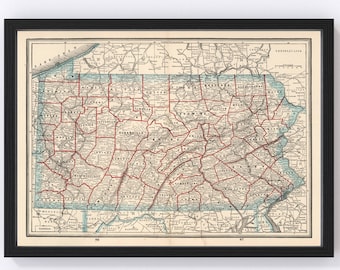 Pennsylvania Map 1893 - Old Map of Pennsylvania Art Vintage Print Framed Wall Art Canvas Portrait PA History Genealogy Farmhouse Décor
