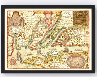May include: An antique map of Virginia from the 1600s, featuring hand-drawn illustrations of native people, animals, and settlements. The map is printed on aged paper with a cream background and includes text in English.
