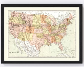 United States Map 1871, Vintage United States Map, Old United States Art, Wall Art Gift for United States History Lovers Retro Decor