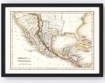 May include: An antique map of Mexico and Guatemala, showing the political divisions of the region in the early 19th century. The map is printed in black, red, green, and blue ink on a white background. The map includes a key with the names of the different states and provinces.