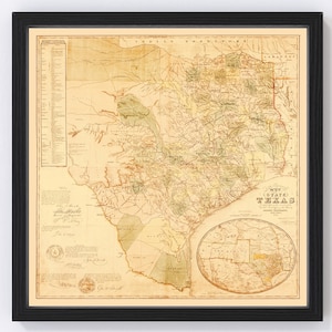 Texas Map 1853, Vintage Texas Map, Old Texas Art, Wall Art Gift for Texas History Lovers Retro Decor