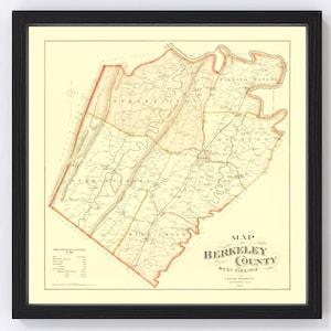 May include: Antique map of Berkeley County, West Virginia, showing the county's roads, rivers, and towns. The map is printed on cream-colored paper with brown and red lines and text.