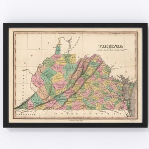 Virginia Map 1824, Vintage Virginia Map, Old Virginia Art, Wall Art Gift for Virginia History Lovers Retro Decor