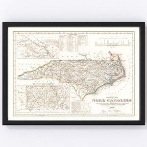 North Carolina Map 1845, Vintage North Carolina Map, Old North Carolina Art, Wall Art Gift for North Carolina History Lovers Retro Decor