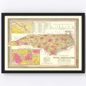 North Carolina Map 1847, Vintage North Carolina Map, Old North Carolina Art, Wall Art Gift for North Carolina History Lovers Retro Decor
