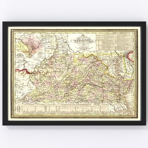 Virginia Map 1853 - Old Map of Virginia Art Vintage Print Framed Wall Art Canvas Portrait VA History Genealogy Farmhouse Décor