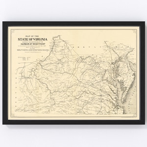 Virginia Map 1875 - Old Map of Virginia Art Vintage Print Framed Wall Art Canvas Portrait VA History Genealogy Farmhouse Décor