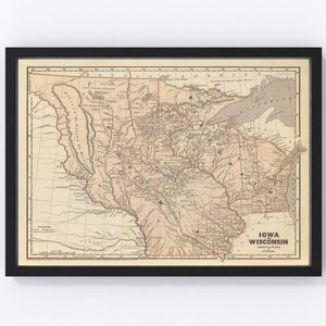 May include: A vintage map of Iowa and Wisconsin, printed in black and white with brown and blue accents. The map shows the states' borders, rivers, and cities. The title "Iowa and Wisconsin" is printed at the bottom of the map.