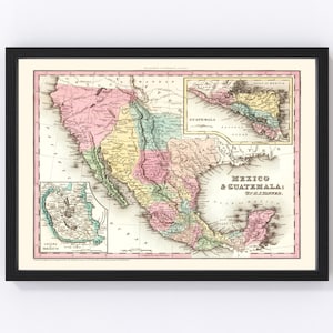 Mapa de México, Guatemala 1834, Mapa antiguo de México, Guatemala, México antiguo, Arte de Guatemala, Regalo de arte mural para amantes de la historia de México y Guatemala