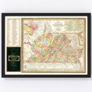 Virginia Map 1834, Vintage Virginia Map, Old Virginia Art, Wall Art Gift for Virginia History Lovers Retro Decor