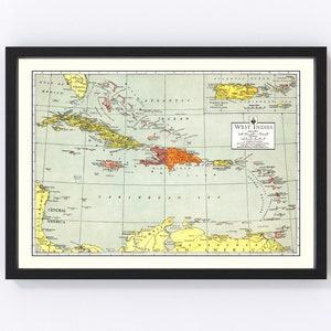Caribbean Sea Map Art - Vintage Print from 1943 - Old Caribbean Sea Art - Framed or Canvas