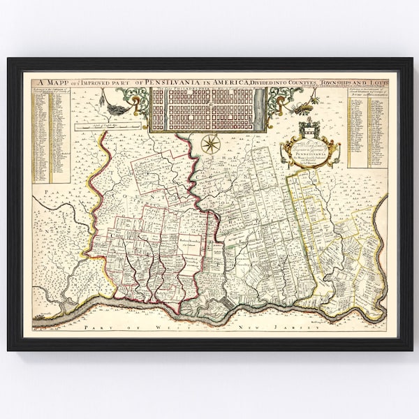 Pennsylvania Map 1687 - Old Map of Pennsylvania Art Vintage Print Framed Wall Art Canvas Portrait PA History Genealogy Farmhouse Décor