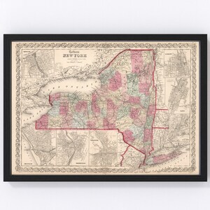 New York Map 1861, Vintage New York Map, Old New York Art, Wall Art Gift for New York History Lovers Retro Decor