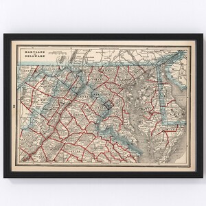 Maryland, Delaware Map 1893, Vintage Maryland, Delaware Map, Old Maryland, Delaware Art, Wall Art Gift for Maryland, Delaware History Lovers