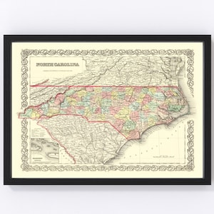 North Carolina Map 1856, Vintage North Carolina Map, Old North Carolina Art, Wall Art Gift for North Carolina History Lovers Retro Decor