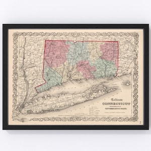 Connecticut Map 1861 - Old Map of Connecticut Art Vintage Print Framed Wall Art Canvas Portrait CT History Genealogy Farmhouse Décor