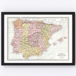 Spain, Portugal Map 1871, Vintage Spain, Portugal Map, Old Spain, Portugal Art, Wall Art Gift for Spain, Portugal History Lovers Retro Decor