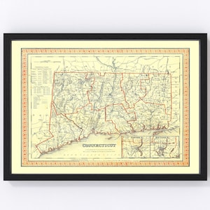Connecticut Map 1846, Vintage Connecticut Map, Old Connecticut Art, Wall Art Gift for Connecticut History Lovers Retro Decor