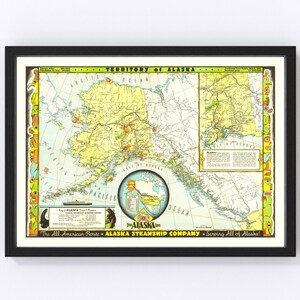 May include: Framed vintage map of the Territory of Alaska, featuring a detailed depiction of the state's geography. The map includes text such as "The All-American Route" and "Alaska Steamship Company". The map is framed in a black frame.