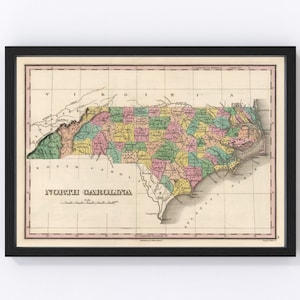 North  Carolina Map 1824 - Old Map of North  Carolina Art Vintage Print Framed Wall Art Canvas Portrait NC History Genealogy Farmhouse Décor