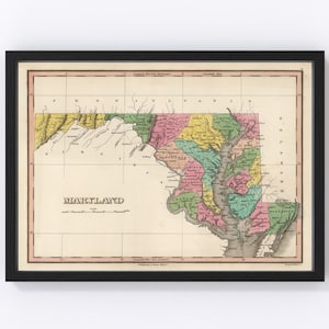 Maryland Map 1824 - Old Map of Maryland Art Vintage Print Framed Wall Art Canvas Portrait MD History Genealogy Farmhouse Décor