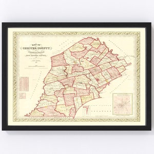 Chester County Pennsylvania Map 1847 - Old Map of Chester County Pennsylvania Art Vintage Print Framed Canvas Portrait History Genealogy