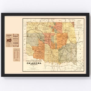 Oklahoma Map 1889 - Old Map of Oklahoma Art Vintage Print Framed Wall Art Canvas Portrait OK History Genealogy Farmhouse Décor