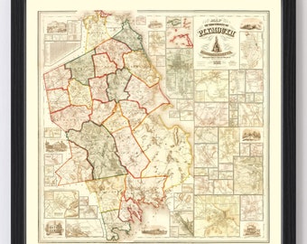 May include: An antique map of the County of Plymouth, Massachusetts, printed in 1855. The map shows the towns and cities of the county, as well as the major roads and rivers. The map is in a black frame.
