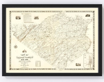 Orange County New York Map 1851 - Old Map of Orange County New York Art Vintage Print Framed Canvas Portrait History Genealogy Farmhouse