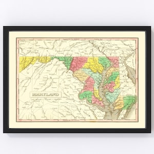 Maryland Map 1831, Vintage Maryland Map, Old Maryland Art, Wall Art Gift for Maryland History Lovers Retro Decor