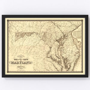 Maryland Map 1841 - Old Map of Maryland Art Vintage Print Framed Wall Art Canvas Portrait MD History Genealogy Farmhouse Décor