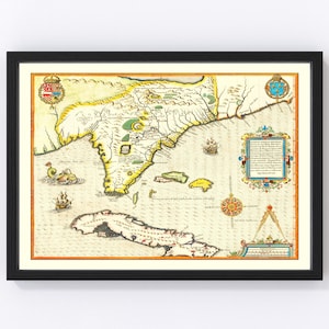 Florida Map 1591, Vintage Florida Map, Old Florida Art, Wall Art Gift for Florida History Lovers Retro Decor