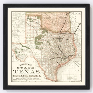 May include: A vintage map of the state of Texas, showing the Houston & Texas Central Railroad. The map is printed in black, brown, green, and red on a white background. The map is framed in a black frame.