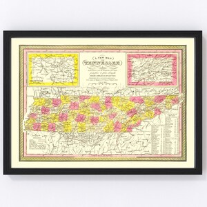 Tennessee Map 1847, Vintage Tennessee Map, Old Tennessee Art, Wall Art Gift for Tennessee History Lovers Retro Decor