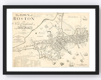 Boston Map 1835 - Old Map of Boston Massachusetts Art Vintage Print Framed Canvas Bird's Eye View Portrait History Genealogy Farmhouse Décor