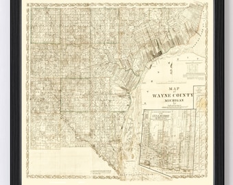 Wayne County Map 1855, Vintage Wayne County Map, Old Wayne County Michigan Art, Wall Art Gift for Wayne County History Lovers Retro Decor