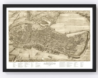 Portland Map 1876 - Old Map of Portland Maine Art Vintage Print Framed Canvas Bird's Eye View Portrait History Genealogy Farmhouse Décor