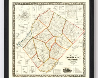 May include: Antique map of Sussex County, New Jersey, printed in black, red, yellow, and green ink. The map shows the county's townships and roads. The title "MAP OF SUSSEX CO NEW JERSEY" is printed in black at the bottom of the map.