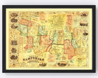 May include: An antique map of Hampshire County, Massachusetts, printed in yellow, green, and red. The map shows the county's towns and cities, as well as its rivers and roads. The map is framed in a black frame.
