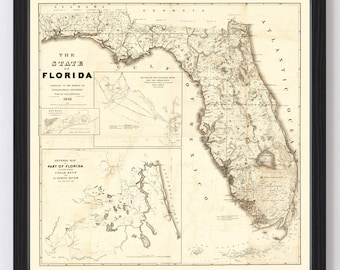 Könnte beinhalten: Eine Vintage-Karte des Bundesstaates Florida aus dem Jahr 1836. Die Karte zeigt die geografischen Merkmale des Staates, darunter Flüsse, Seen und Städte. Die Karte ist in Schwarzweiß auf cremefarbenem Papier gedruckt.