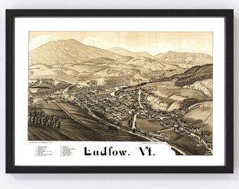 Ludlow Map 1885 - Old Map of Ludlow Vermont Art Vintage Print Framed Canvas Bird's Eye View Portrait History Genealogy Farmhouse Décor