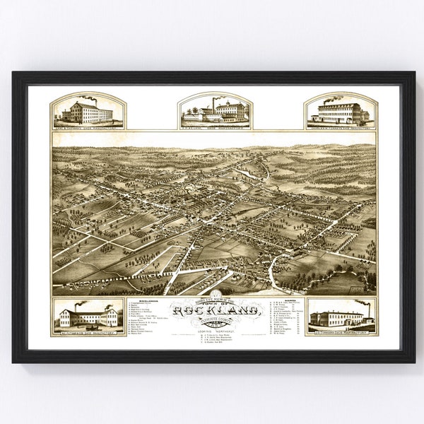 Rockland Map 1881 - Old Map of Rockland Massachusetts Art Vintage Print Framed Canvas Bird's Eye View Portrait History Genealogy Farmhouse