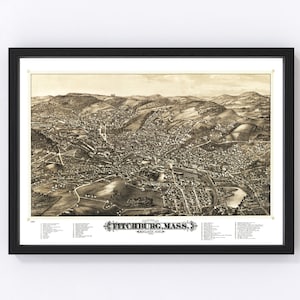 Fitchburg Map 1882, Vintage Fitchburg Map, Old Fitchburg Massachusetts Art, Wall Art Gift for Fitchburg History Lovers Retro Decor