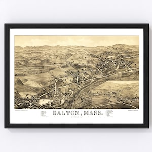Dalton Map 1884 - Old Map of Dalton Massachusetts Art Vintage Print Framed Canvas Bird&#39;s Eye View Portrait History Genealogy Farmhouse Décor
