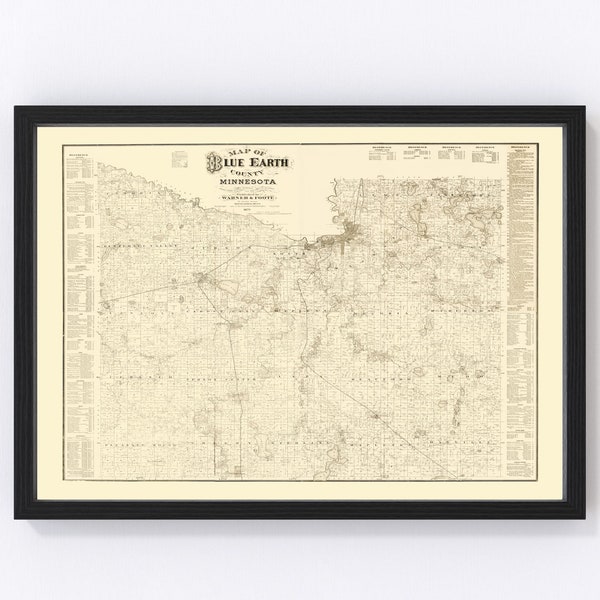 Blue Earth County Minnesota Map 1879 - Old Map of Blue Earth County Minnesota Art Vintage Print Framed Canvas Portrait History Genealogy